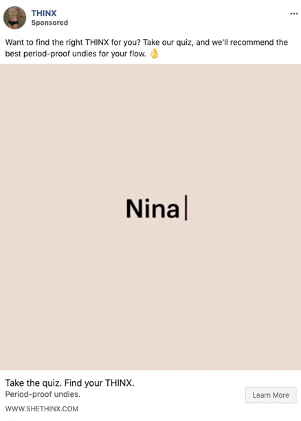 A beige background with the word "Nina" typed in black, ending with a blinking cursor, as part of a THINX period underwear online quiz ad.
