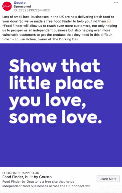 A social media ad from Gousto encourages supporting local UK businesses by using their free Food Finder service, featuring a message in bold text: "Show that little place you love, some love.