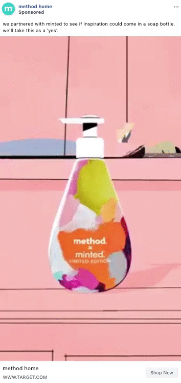 A colorful soap bottle labeled “method x minted. LIMITED EDITION” is placed on a pink counter with abstract artwork in the background.