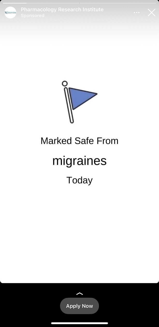 A blue flag icon above the text "Marked Safe From migraines Today" with an "Apply Now" button at the bottom.