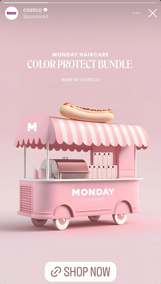A pink food cart labeled "MONDAY HAIRCARE" displays haircare products under a canopy, with a large hot dog on top. Text promotes a color protect bundle available at Costco.