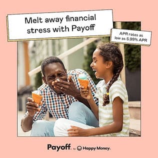 A man and a girl sit on steps, laughing and eating ice cream cones. The ad promotes Payoff loans with low APR rates to reduce financial stress.