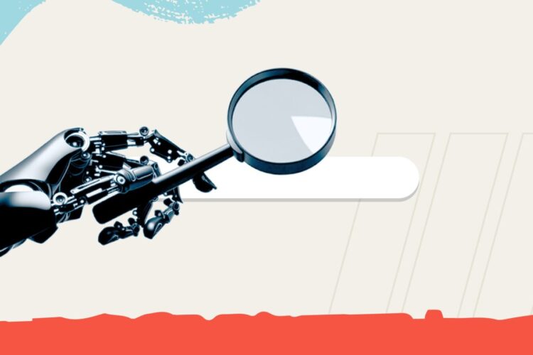 A robotic hand holding a magnifying glass over a blank search bar on a beige background with red and blue graphic elements.