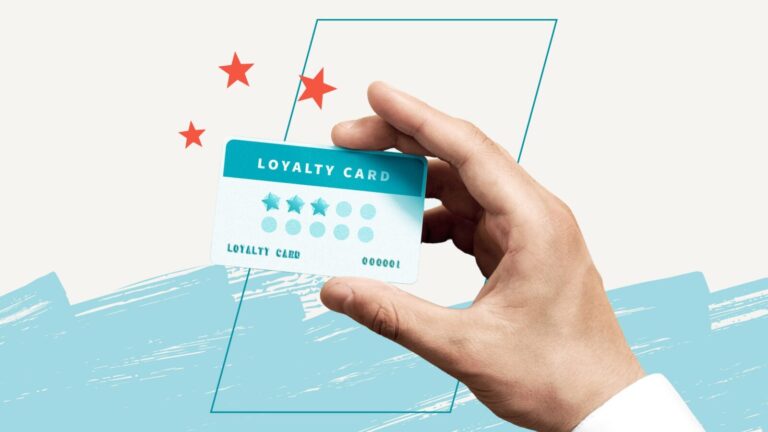 A hand holds a blue and white loyalty card with star icons. Three red stars and abstract blue and white shapes appear in the background.