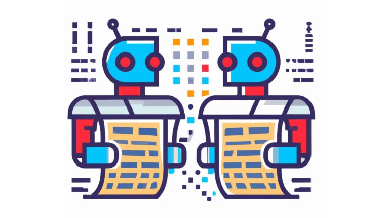 Two robots facing each other, each holding a sheet of paper, with abstract digital code elements in the background.
