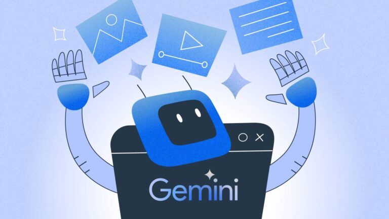 Illustration of a robot with "Gemini" on its body, raising hands while images, a video, and a document icon float above it.