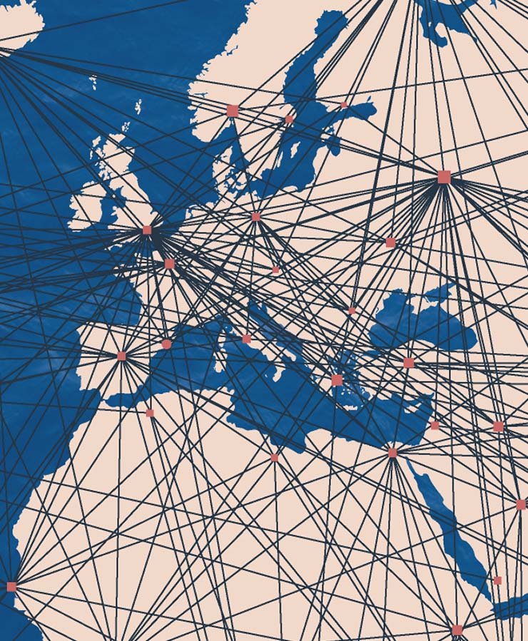 A map of Europe, North Africa, and the Middle East with interconnected black lines and red nodes representing a network across major locations.