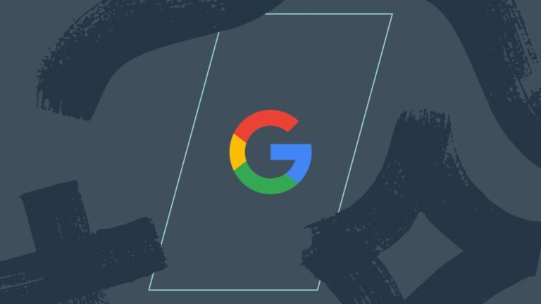 The Google logo, consisting of a multicolored "G," is centered on a dark background with abstract dark brushstroke patterns and a tilted rectangular outline.