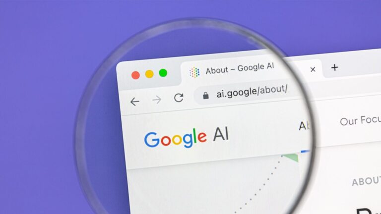 A magnifying glass highlights the Google AI webpage open in a browser tab, showing the URL "ai.google/about/" against a purple background.