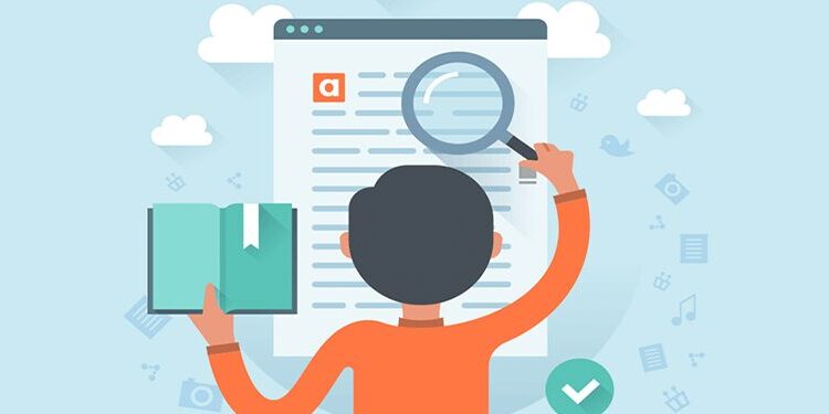 Illustration of a person holding a book and examining a document on a large screen with a magnifying glass, symbolizing research or information review.