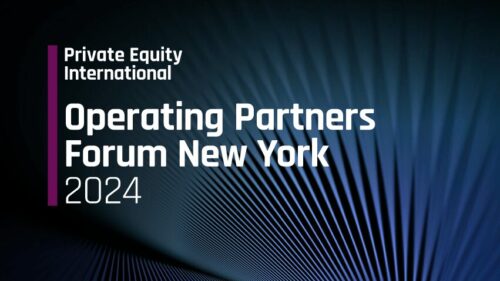 Text reads: "Private Equity International Operating Partners Forum New York 2024" on a dark abstract background with diagonal lines.