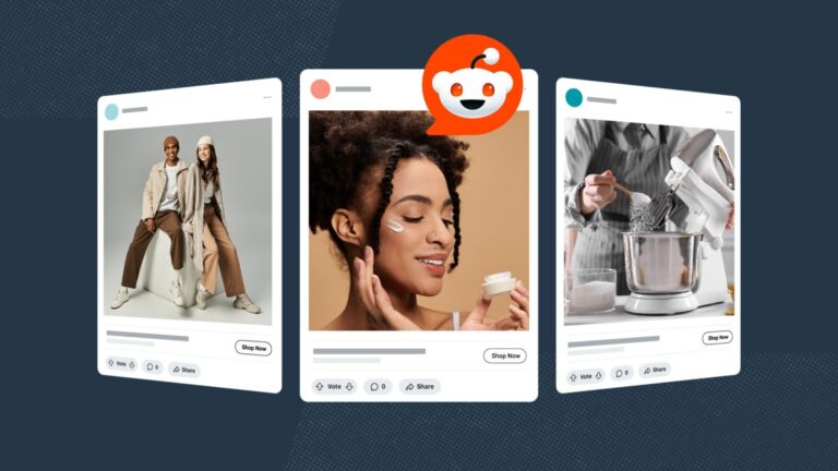 Three digital cards show: a fashionable couple posing, a woman applying skincare cream, and a person using a stand mixer; a Reddit logo hovers above the center card.