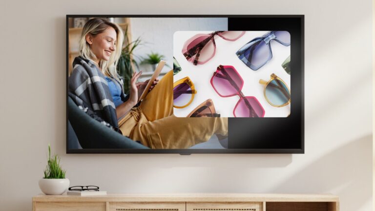 A woman sits on a sofa using a tablet, displayed on a TV screen. An inset image shows various colorful sunglasses arranged on a flat surface.