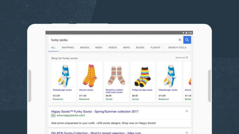 A Google search results page for "funky socks" showing images and prices of colorful socks, including yellow, red, striped, and blue cartoon designs.