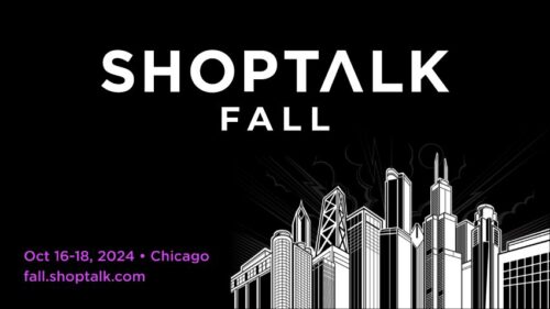 Shoptalk Fall event banner with city skyline illustration; event dates are October 16-18, 2024, in Chicago, with the website fall.shoptalk.com.