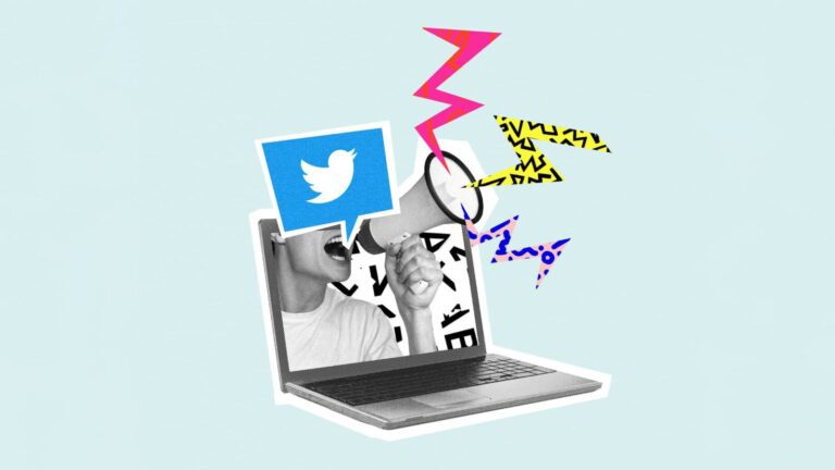 A laptop displaying black-and-white photos of two people talking, overlaid with the Twitter logo and colorful graphic elements representing speech and communication.