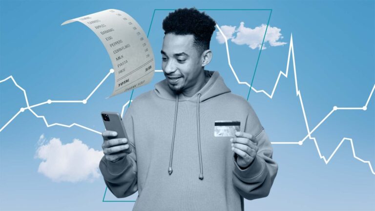 A man looks at his phone and holds a credit card, with a long receipt, line graphs, and clouds in the background.