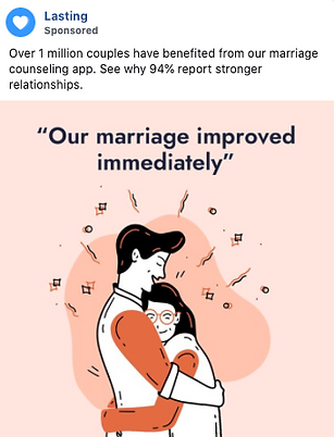Illustration of a couple hugging, accompanied by the text "Our marriage improved immediately." Promotional text for a marriage counseling app is shown above the image.
