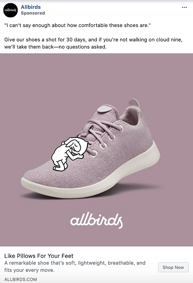 A light purple Allbirds sneaker with a white cartoon figure hugging the shoe is displayed against a muted pink background.