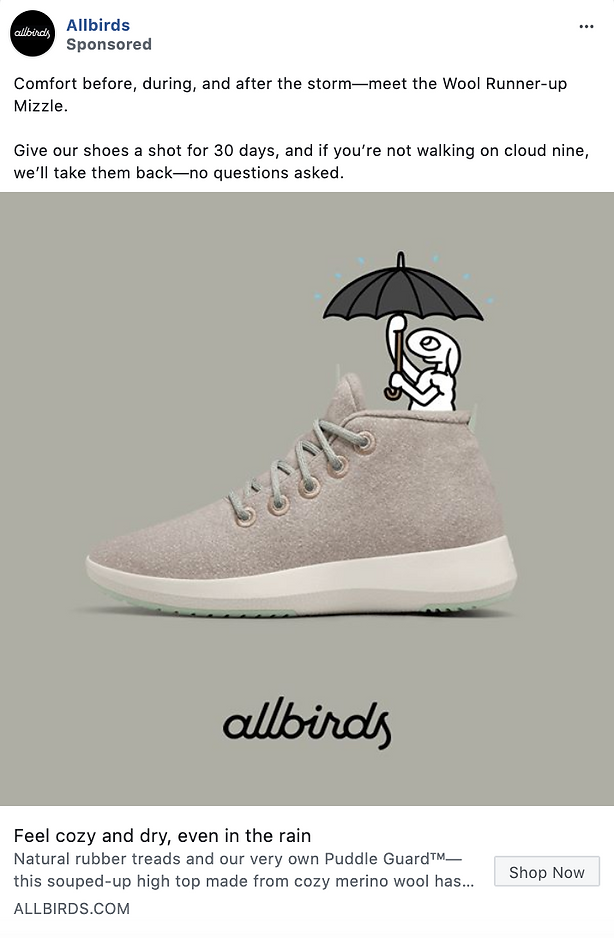 A light gray sneaker is displayed on a plain background, with an illustrated figure above it holding an umbrella and standing on the shoe. The Allbirds logo appears below.