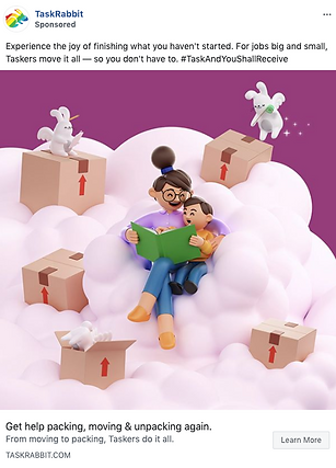 An illustrated couple sits on a cloud reading a book, surrounded by moving boxes and playful cats, with a purple background.