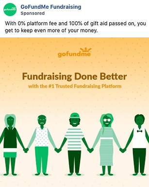 A GoFundMe ad shows five illustrated people holding hands below the text "Fundraising Done Better with the #1 Trusted Fundraising Platform.