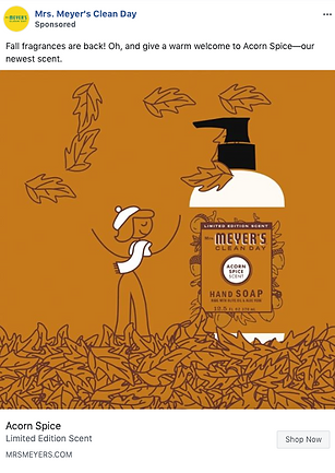 A drawing of a smiling person in fall attire stands beside a large bottle of Mrs. Meyer's Acorn Spice hand soap, surrounded by autumn leaves on a brown background.
