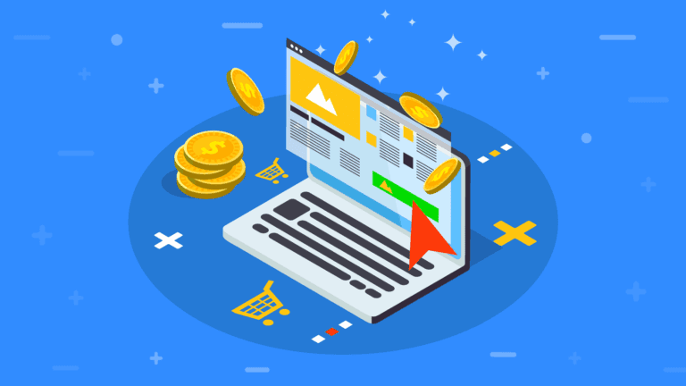 An illustration of a laptop displaying web pages with gold coins, shopping carts, and a large red cursor, representing online shopping or e-commerce.