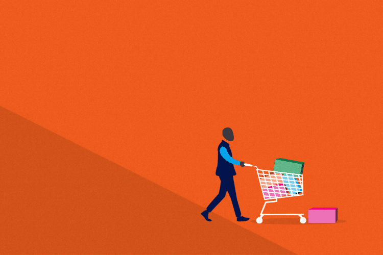 Graphic of man pushing a cart with shopping bags