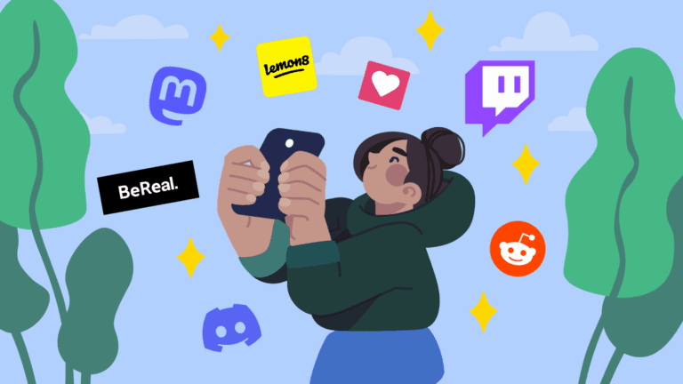 A person holds up a phone surrounded by social media app icons, including BeReal, Twitch, Reddit, Discord, Lemon8, Mastodon, and a heart symbol.