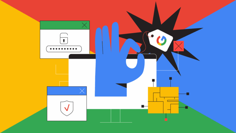 Illustration of a blue hand making an OK gesture surrounded by security icons, web windows, a price tag with Google logo, and abstract digital elements on a colorful background.