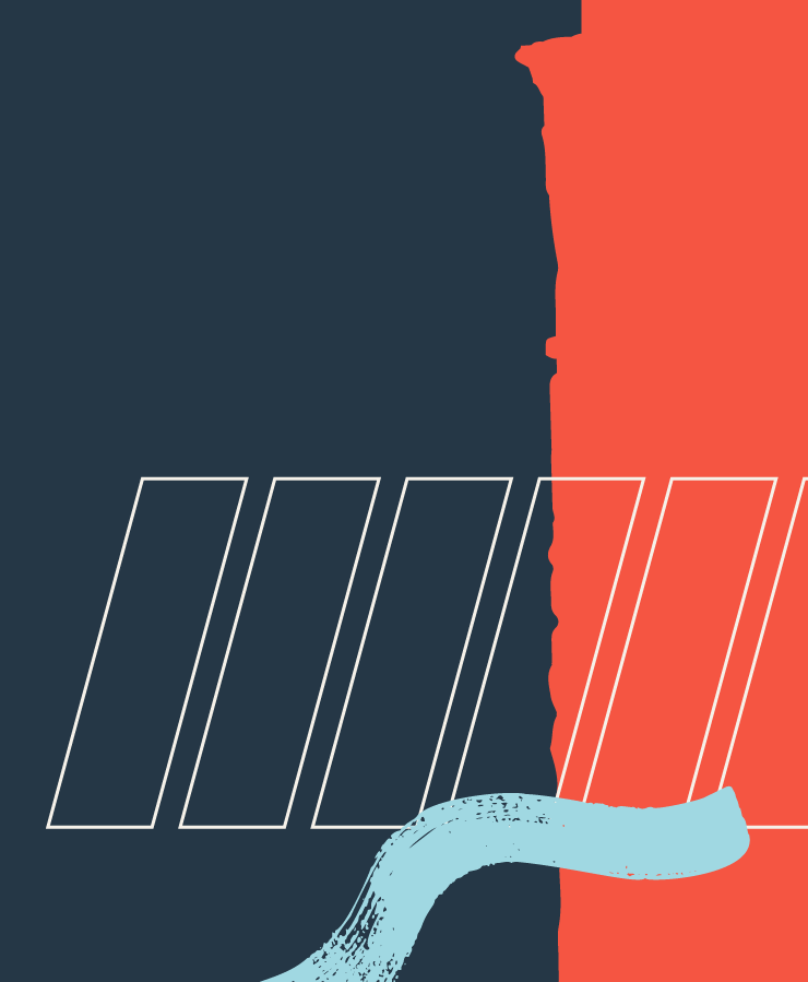 Abstract graphic with a dark blue and orange background split vertically, white diagonal rectangles, and a light blue brushstroke crossing the lower section.