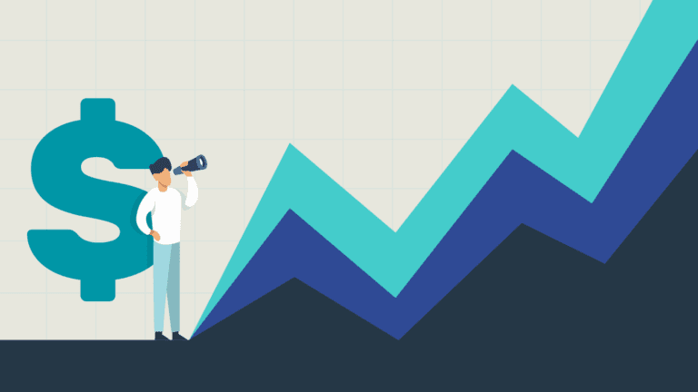 Illustration of a person with a megaphone standing next to a large dollar sign and an upward-trending line graph, representing financial growth or business success.