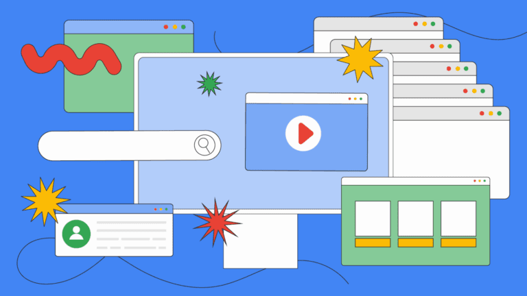 Illustration of a computer monitor surrounded by browser windows, search bar, video player, user profile, and colorful starburst shapes on a blue background.