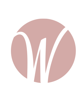 A stylized, minimalist letter "M" in white on a light mauve circular background.