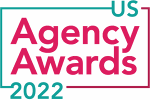 Logo for the US Agency Awards 2022, featuring bold pink and teal text with a minimalist linear border design.