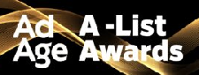 White text reading "Ad Age A-List Awards" on a black background with a gold, wavy line design.