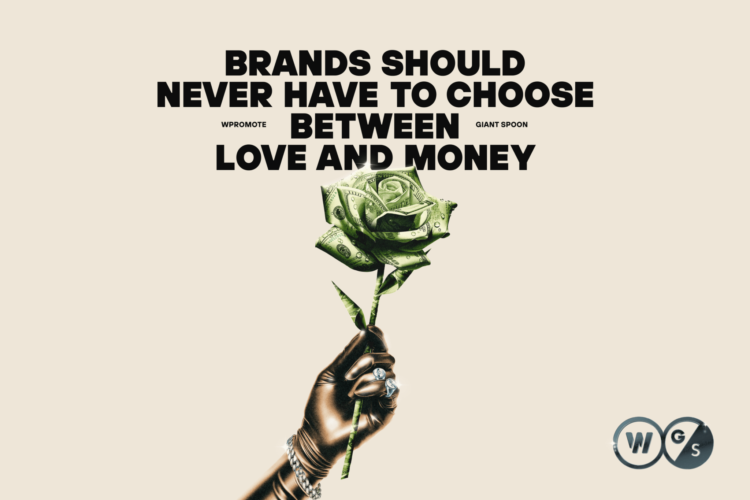 A hand wearing a black glove holds a green rose made of money beneath bold text stating, "Brands should never have to choose between love and money." Logos appear in the bottom right corner.